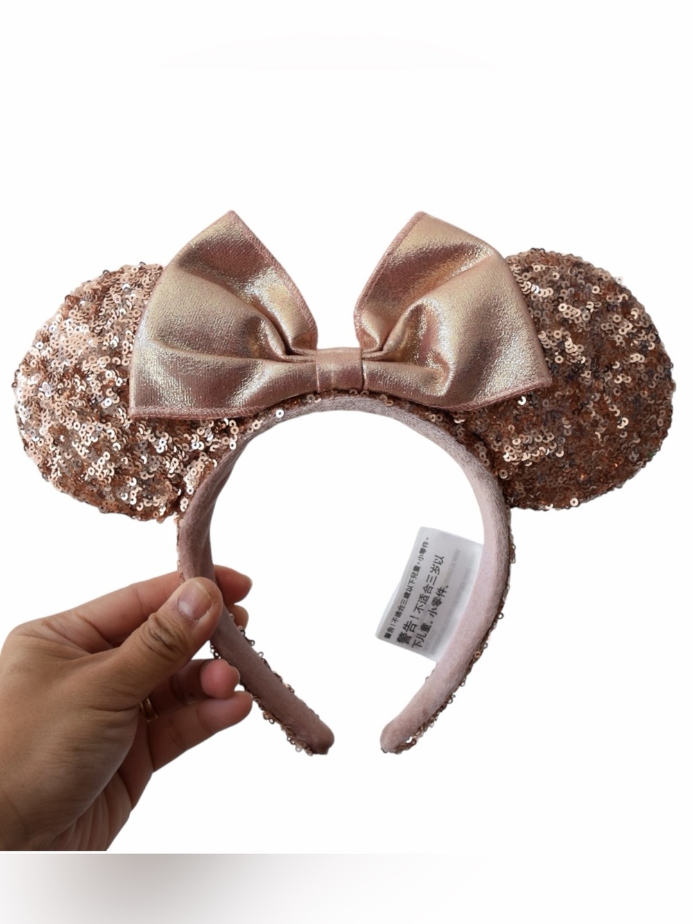 Disney Rose Gold Sequin Minnie Ears Headband with Bow